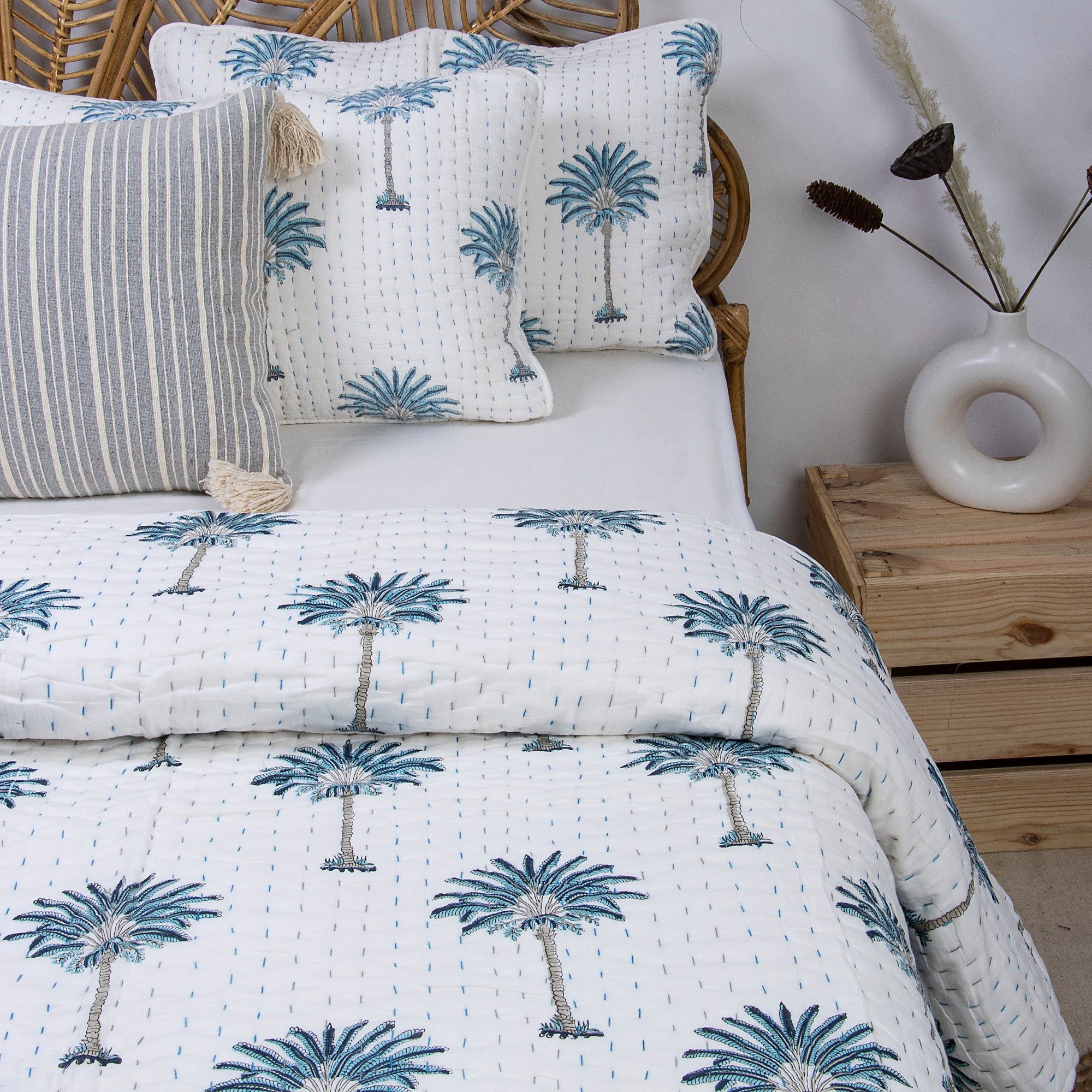 Blue Palm Print Organic Cotton Kantha Quilt - Eco-Friendly Bedding in Tropical Design